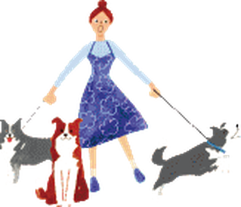 女性と2頭の犬